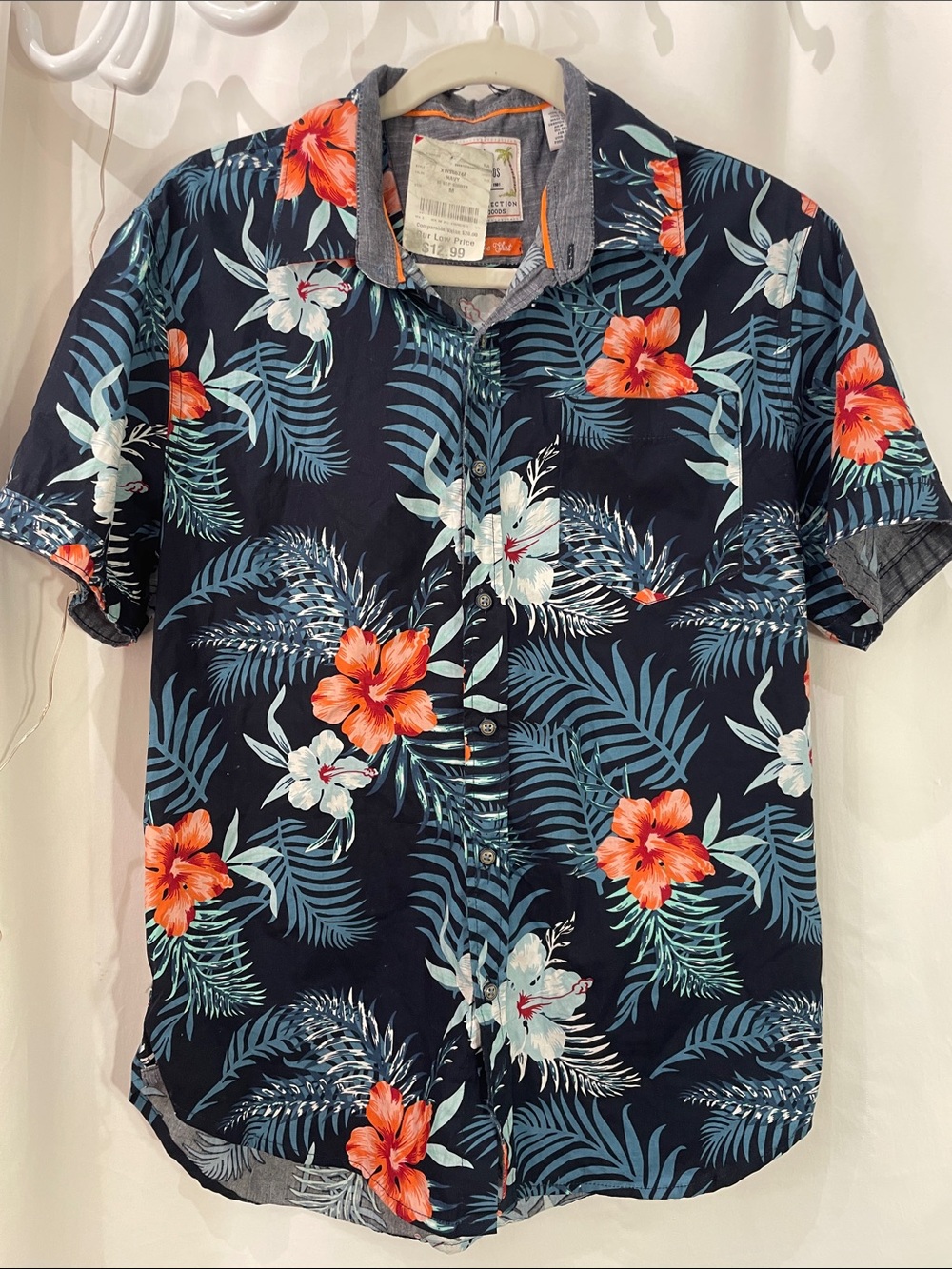 Men's Navy Floral Short-Sleeve Button-Down Shirt with Orange Hibiscus